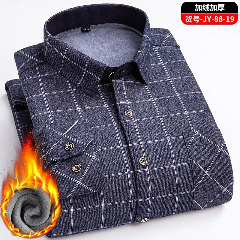 2025 New in Fleece Lining Men's Double-sided Velvet Autumn Winter Plaid  Long-sleeved Shirt Winter Middle-aged and Elderly Shirt