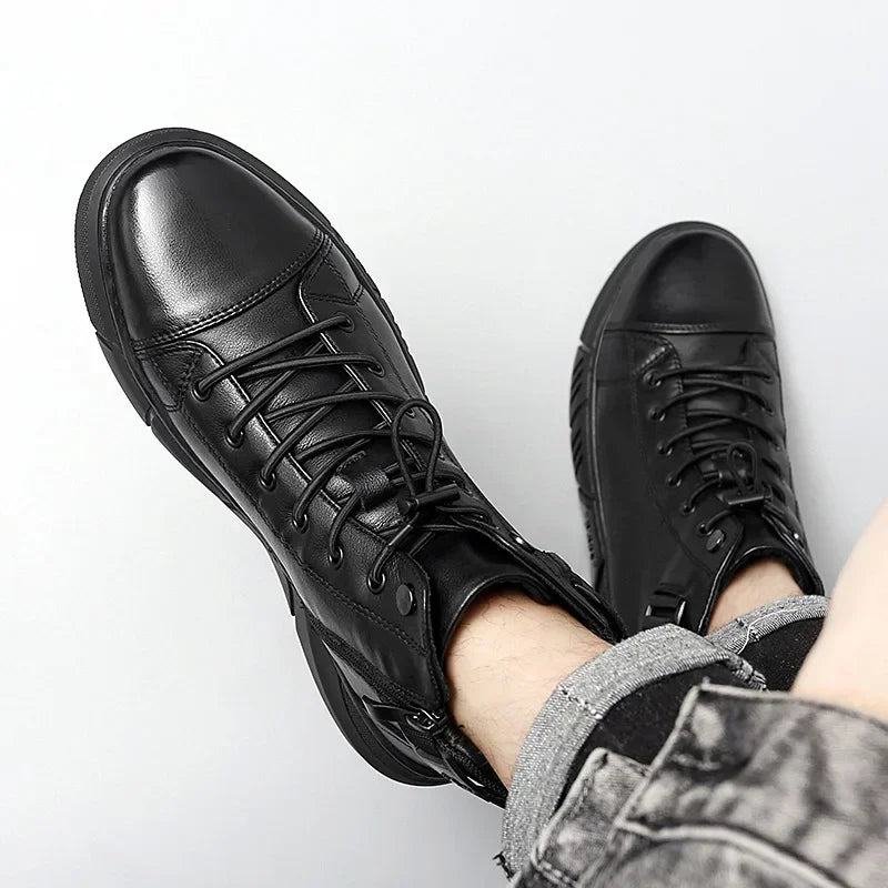 2024 Autumn Winter Fashion Men's Ankle Boots PU Leather High Quality Comfortable Black Leather Platform Casual Shoes