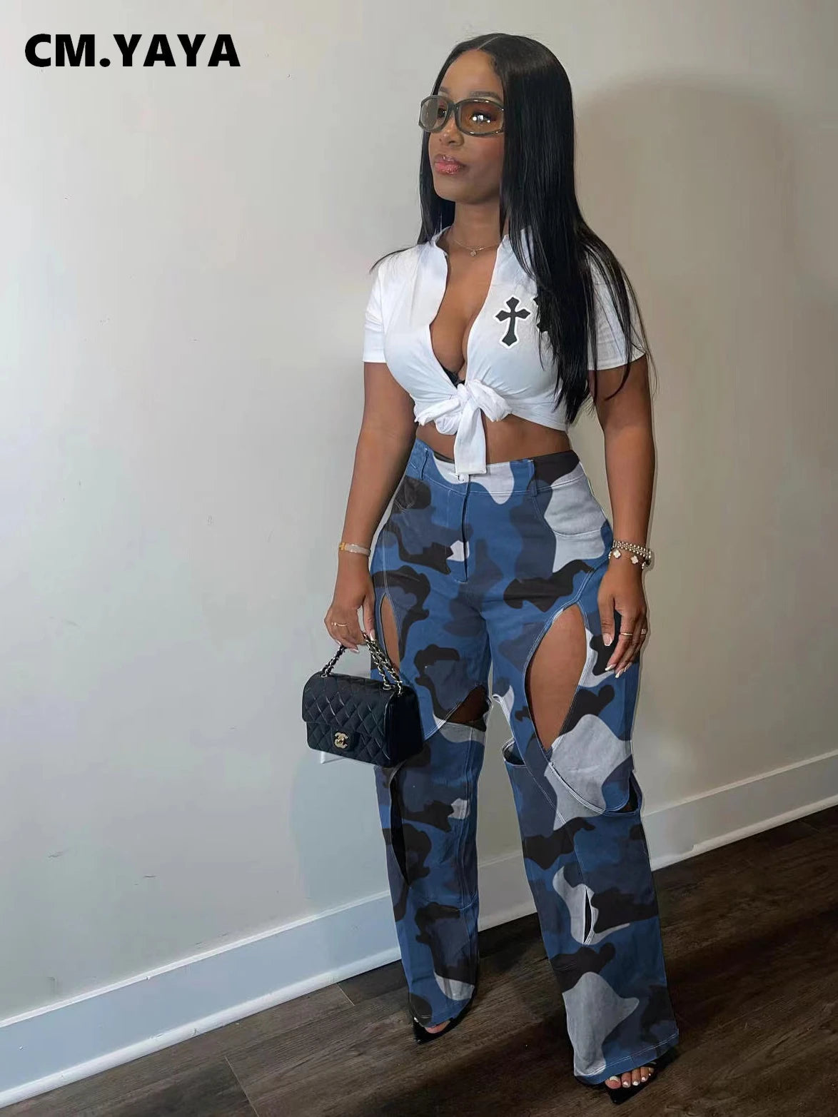 CM.YAYA Fashion women camouflage cutout cross criss straight cargo pants 2023 autumn winter safari style trousers