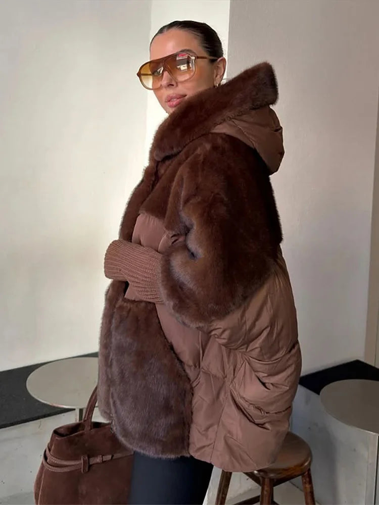 Women Fashion Hooded Patchwork Faux Fur Coat Knitted Sleeve Drop Shoulder Oversize Cotton Coats Autumn Winter 2025 Street Jacket