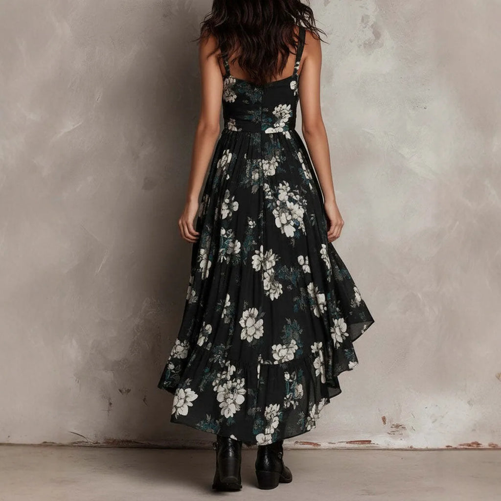 2026 new printed camisole dress for women, V-neck, waist cinched, high slit long skirt, fashionable vacation dress
