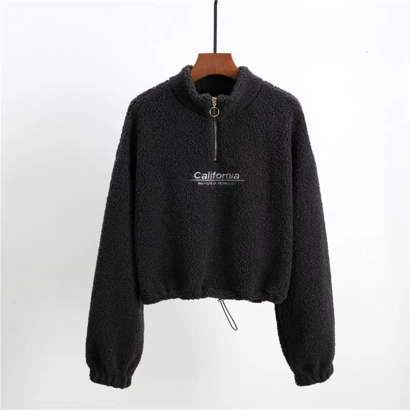 Women Letter Embroidery Stand Neck Fleece Cropped Hoodies Autumn Long Sleeve Drawstring Sweatshirt New Casual Plush Velvet Tops