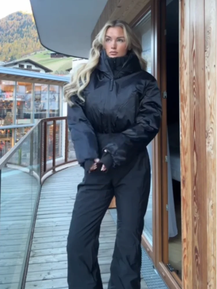 Cotton Padded Ski Jumpsuit Sets Women Zipper High Waist Windproof Outwear Wide Leg Snow 2025 Winter Sports Street Lady Skiwear