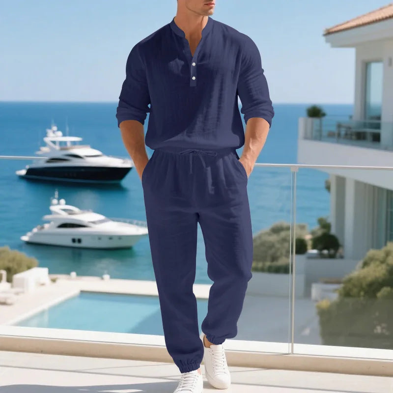 American loose linen set for men autumn Hawaiian home commuter thin Henry shirt long sleeve pants set