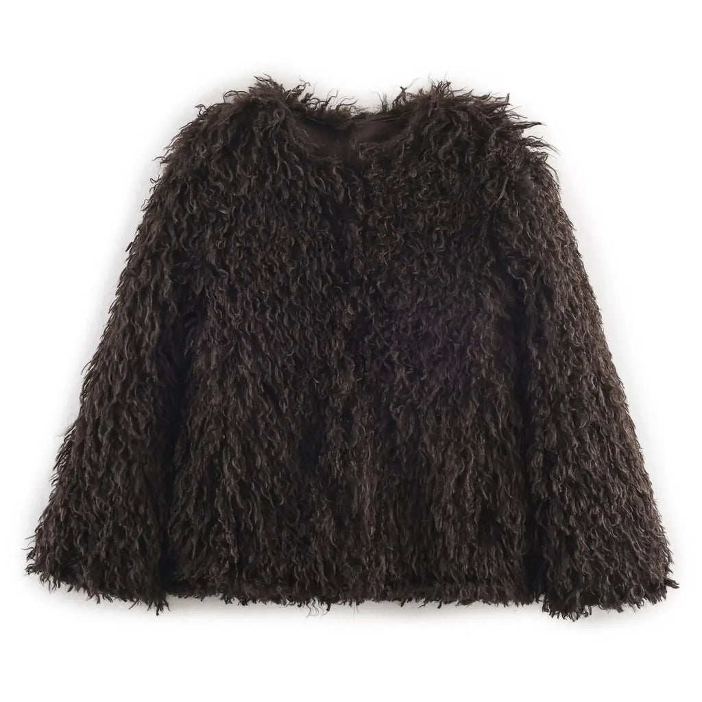 HH Women Fashion Long Sleeve Warm Jacket Faux Fur Effect Short Jacket Female Solid O-Neck Hidden Buckle Casual Chic Outwear