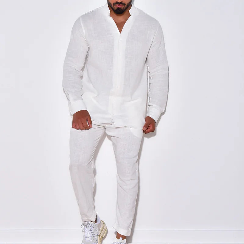 Men's Light Luxury Sports Cotton Hemp Stand Collar Long Sleeve Casual Shirt Spring and Autumn Fashion Cargo Pants Two-Piece Set