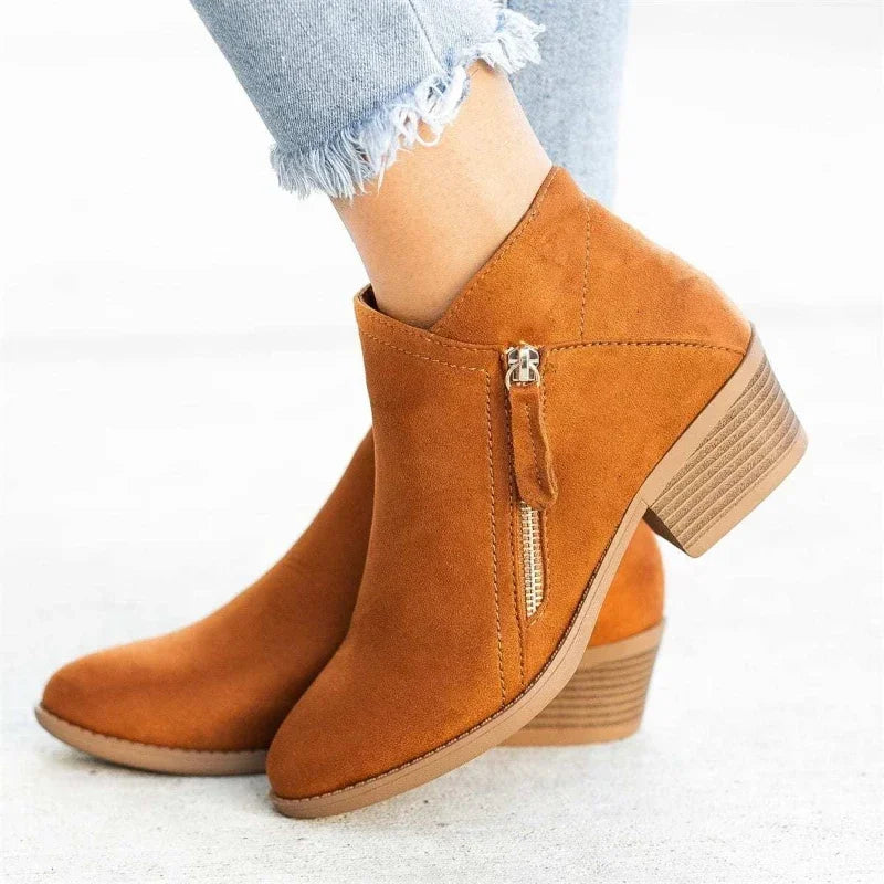 Women's Ankle Boots Autumn New Round Toe Side Zipper Women's Boots Platform Heel Large Size Fashionable Women's Leather Boots