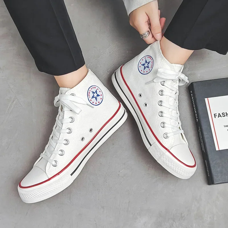 High-Top Casual Canvas Shoes for Men Trendy Korean Style Versatile Couple Shoes Summer Flat Bottom Rubber Sole Ankle Cover