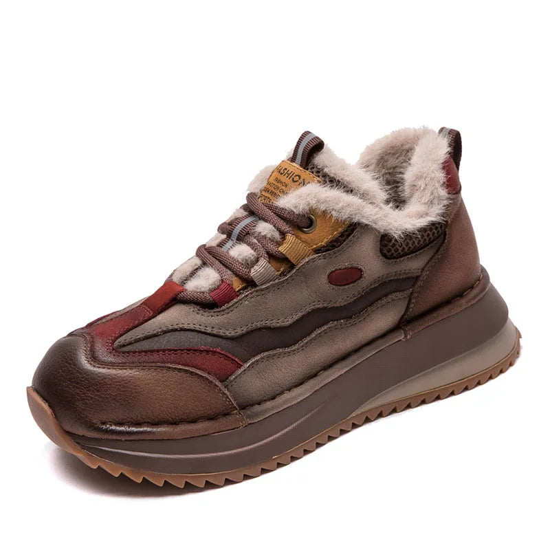 DRKANOL 2026 Women Winter Warm Shoes Handmade Retro Genuine Cow Leather Flat Platform Mixed Colors Lace-Up Fur Casual Shoes Lady