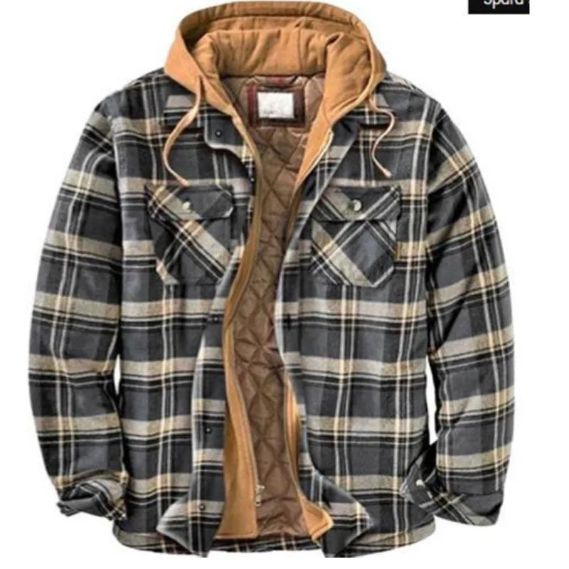 2026 Men's Winter Printed Cotton Jackets Harajuku Plaid Shirts Coats Hooded Zipper Long Sleeve Basic Casual Shirts Jackets Male