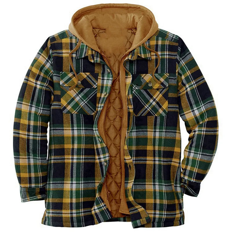2026 Men's Winter Printed Cotton Jackets Harajuku Plaid Shirts Coats Hooded Zipper Long Sleeve Basic Casual Shirts Jackets Male
