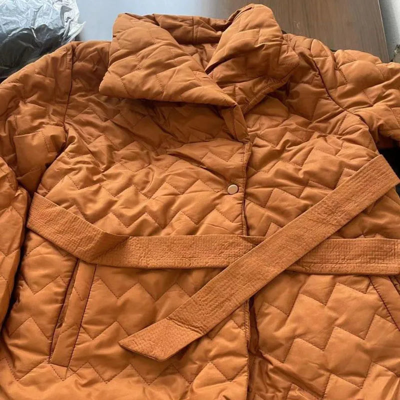 Winter Temperament Water Ripple Quilted Lightweight Down Cotton Jacket Lapel Waist Cinched Mid Length Elegant Cotton Coat