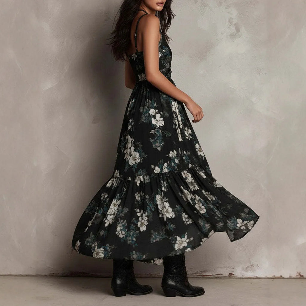 2026 new printed camisole dress for women, V-neck, waist cinched, high slit long skirt, fashionable vacation dress