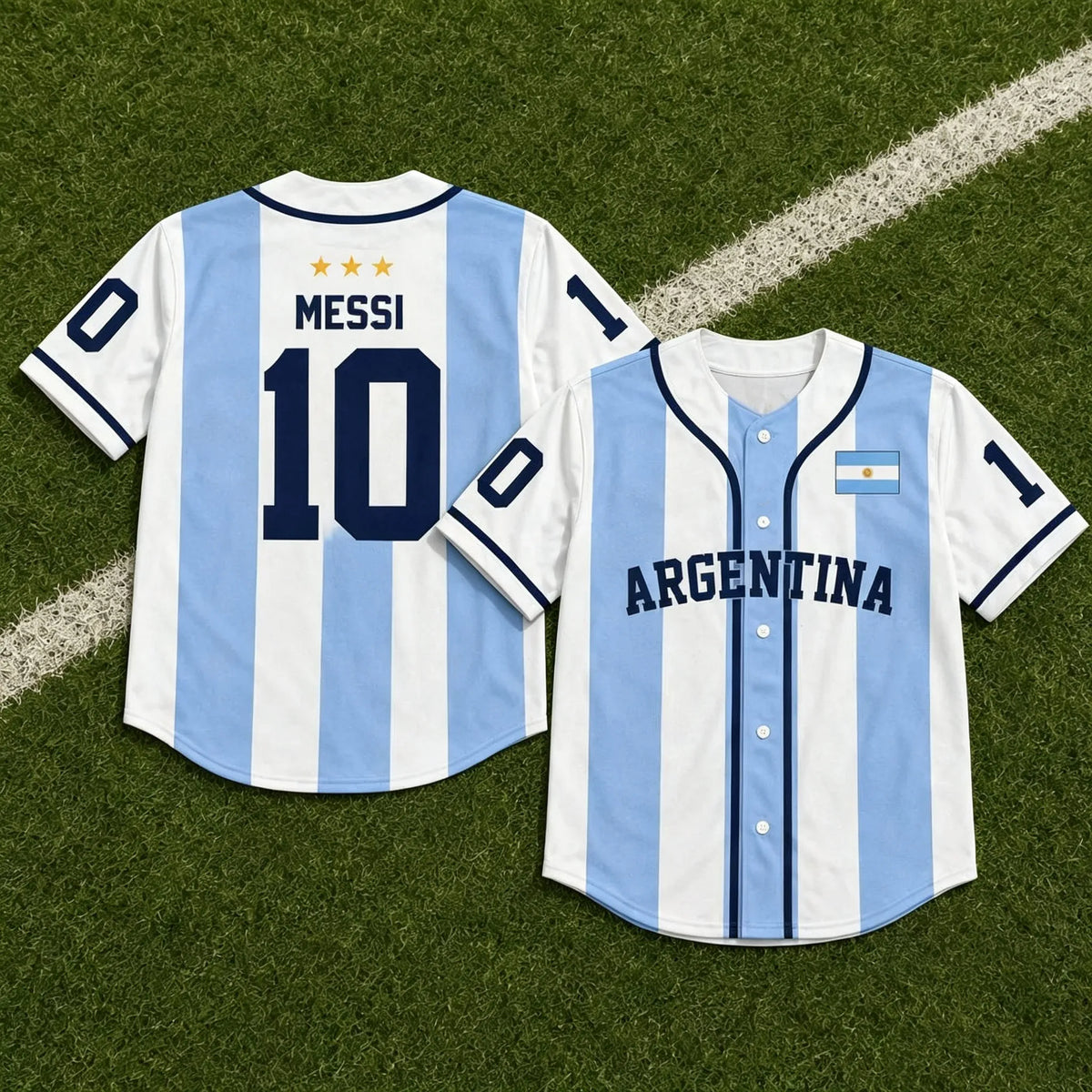 2026 Argentina Messi No.10 3 Stars Baseball Jersey Blue White Striped Short Sleeve Button Shirt Flag Print Unisex Men Women Tops