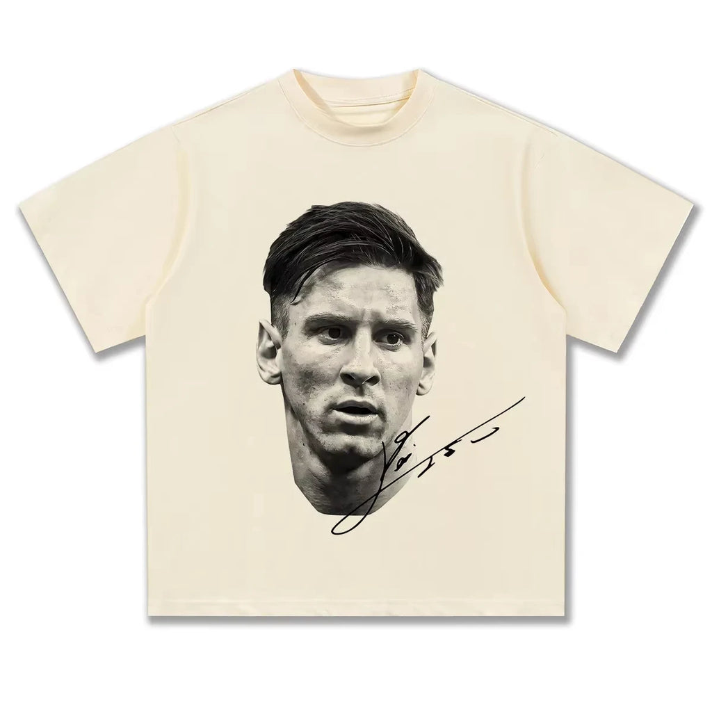 White Legendary Football King Messi Classic Black and White Signature T-Shirt Cotton Graphic Tee Men Women Summer Streetwear