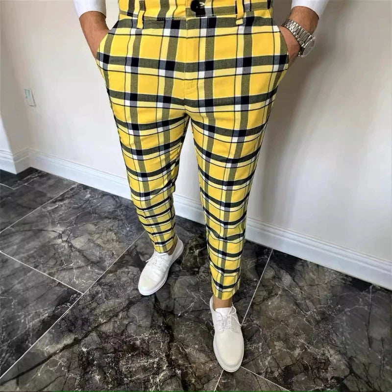 12 Colors Plaid Printed Men's Pencil Pants Business Casual Ankle Length Slim Men Suit Pants Fashion Handsome Pantalones Hombre