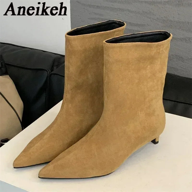 Aneikeh Large Size 41 42 Fashion Winter Faux Suede Pointed Short Boots Low Heel Boots Slip on Party Shoes Botas Zapatos De Mujer