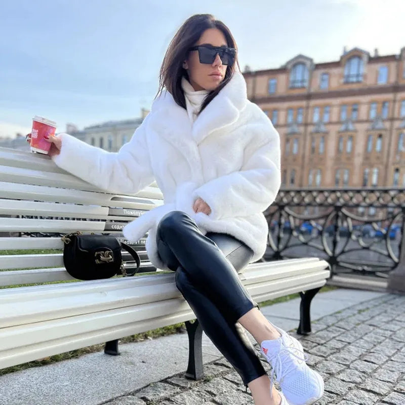 2024 Fur Jacket Imitation Rabbit Fur Lapel Neck Fur Jacket Thickened Thermal Belt Belt Coat Women's Solid Color New