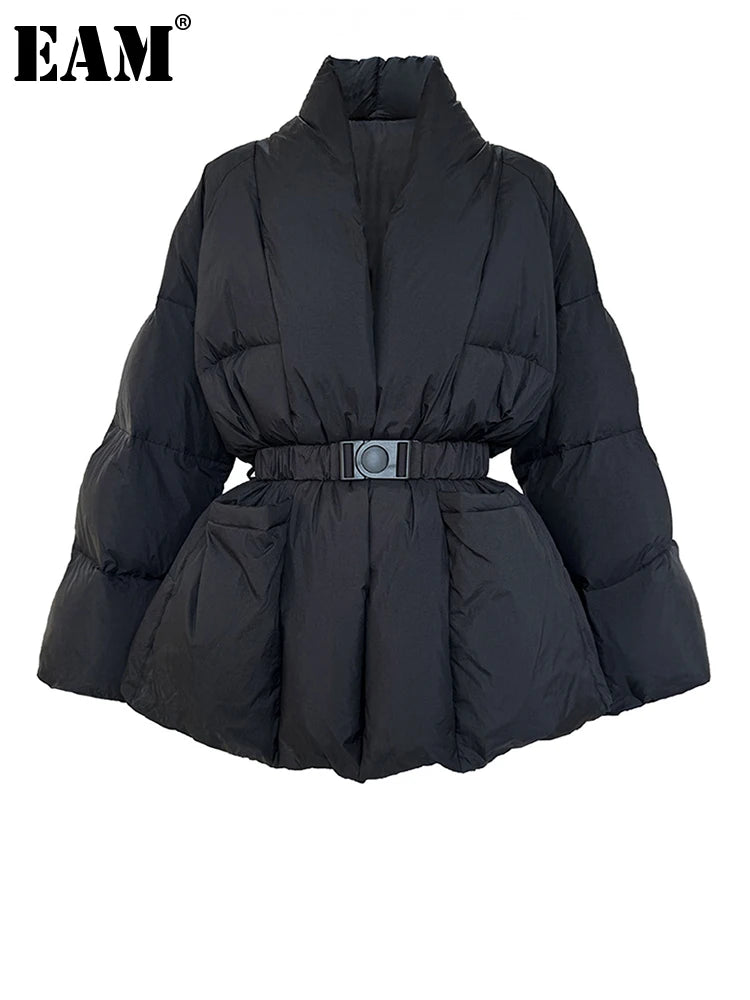 [EAM] Black Belted Big Size Keep Warm Cotton-padded Coat Long Sleeve Women Parkas Fashion Tide New Autumn Winter 2026 2Z2885