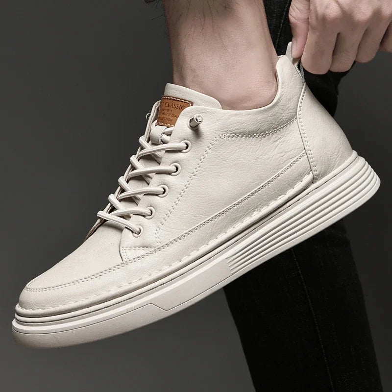 Italian Brand Men's Genuine Leather Casual Shoes Fashionable Beige Men's Hiking Shoes Camping High Top Shoes Big Size：36-47