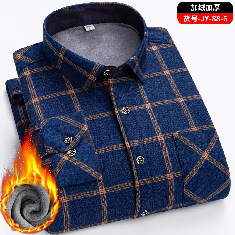 2025 New in Fleece Lining Men's Double-sided Velvet Autumn Winter Plaid  Long-sleeved Shirt Winter Middle-aged and Elderly Shirt