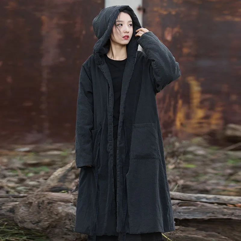 Johnature Women Black Hooded Long Sleeve Parkas Warm Long Sleeve Winter Coats 2025 New Female Chinese Style Bandage Parkas