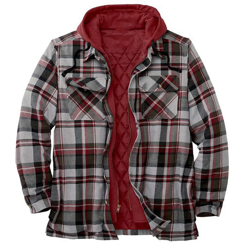2026 Men's Winter Printed Cotton Jackets Harajuku Plaid Shirts Coats Hooded Zipper Long Sleeve Basic Casual Shirts Jackets Male
