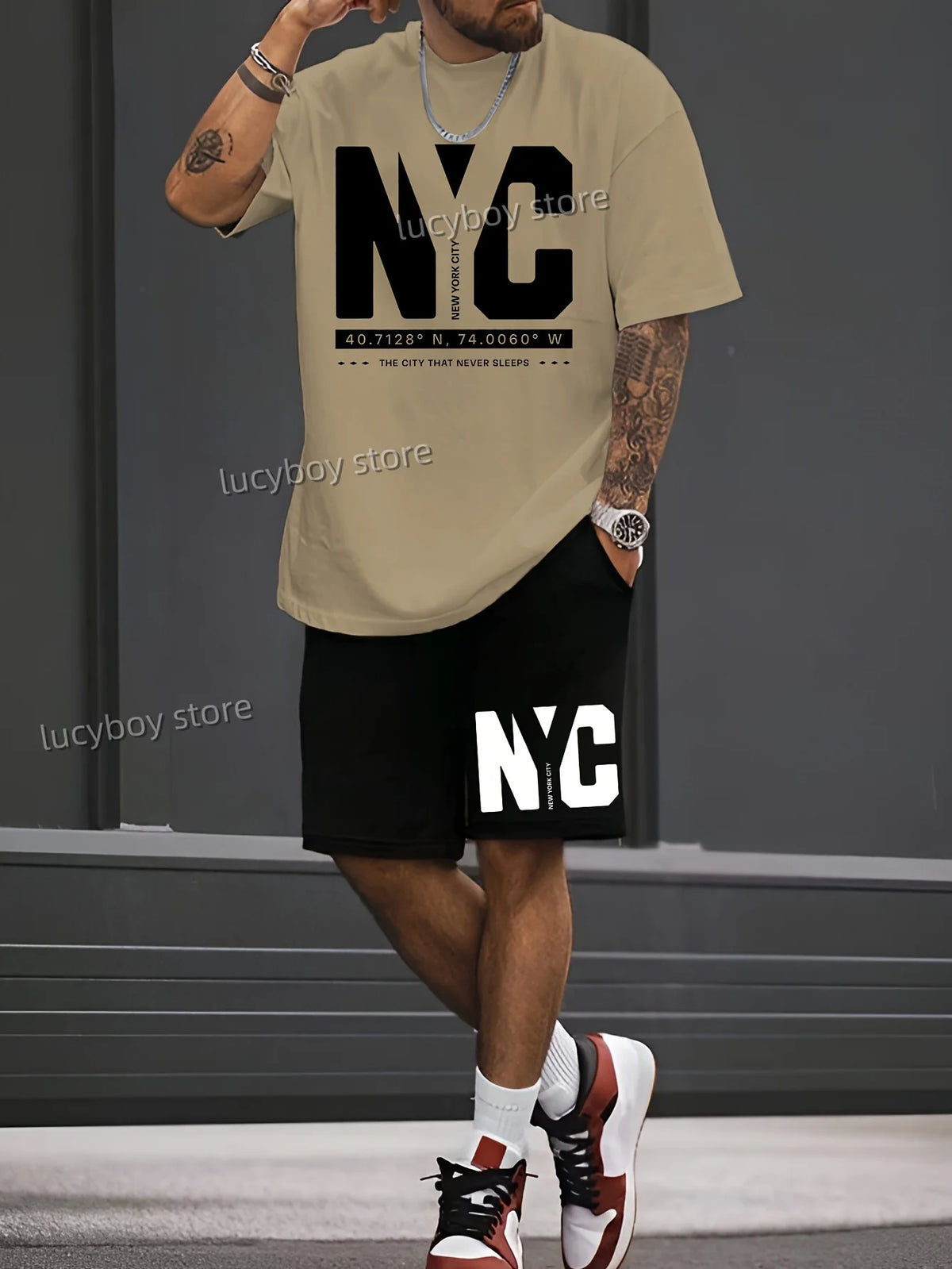 NC NEW YORK Letter Printed Sport T-shirt+shorts Suit Set Men Male Luxury Tracksuit Outfit  Runing  Oversized 2 Piece Set Clothes