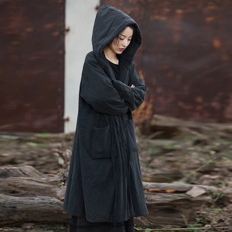 Johnature Women Black Hooded Long Sleeve Parkas Warm Long Sleeve Winter Coats 2025 New Female Chinese Style Bandage Parkas