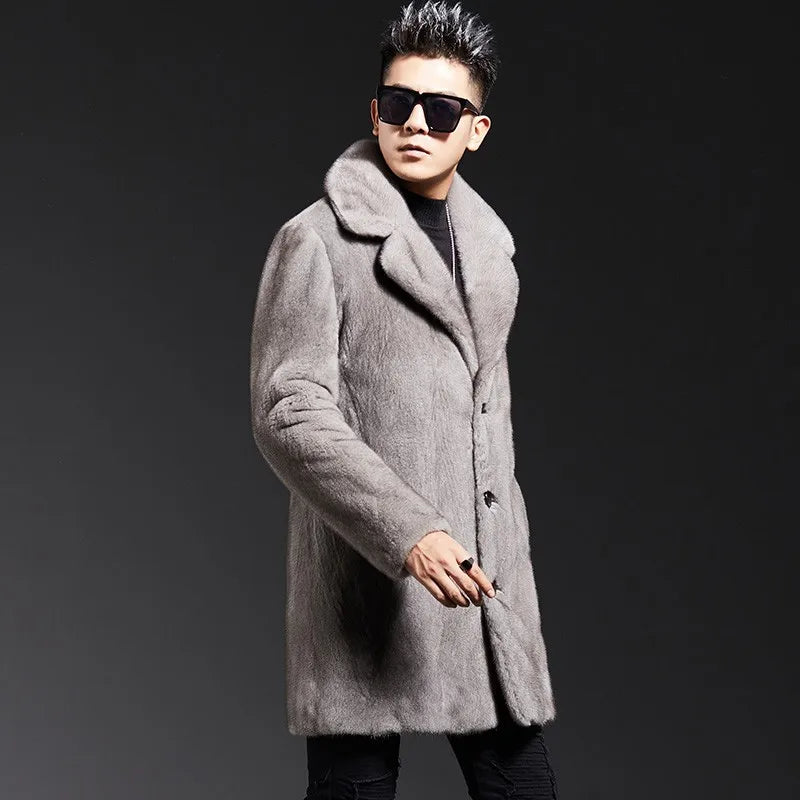Men's winter warm fur coat mimics mink casual windbreaker mid-length jacket