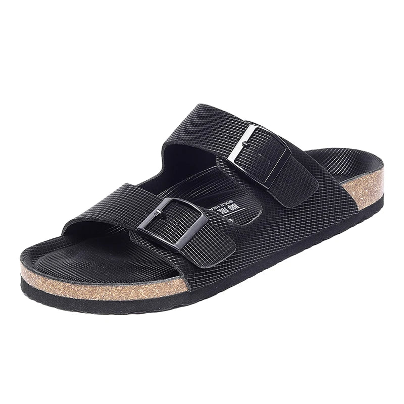 Summer Men Cork Slippers Slides Clogs Casual Slip On Sandals Double Buckle Women Microfiber Leather Unisex Big Size 47 48 49