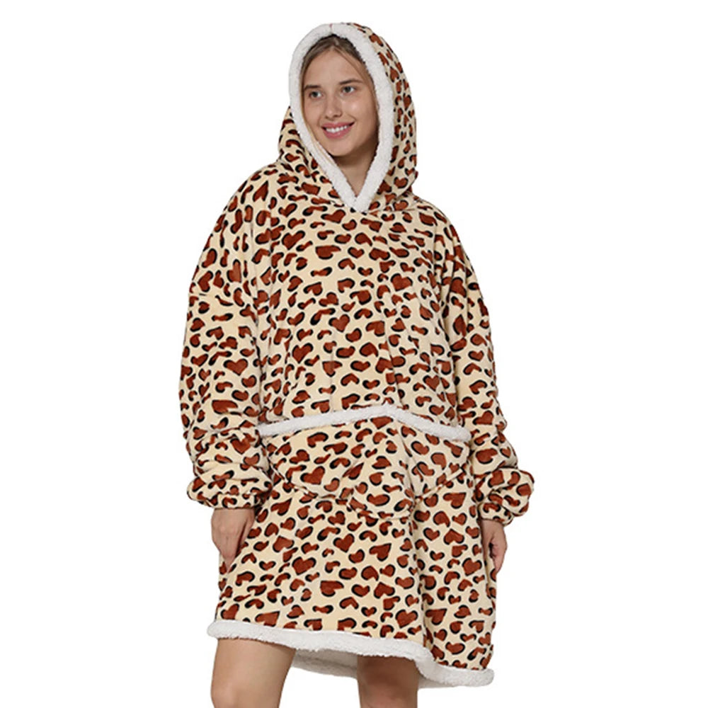 2024 Cartoon Oversized Hoodie Blanket with Sleeves Winter Warm Fleece Sweatshirt Cow Hoodies Women Men Korean Funny Print Hoodie