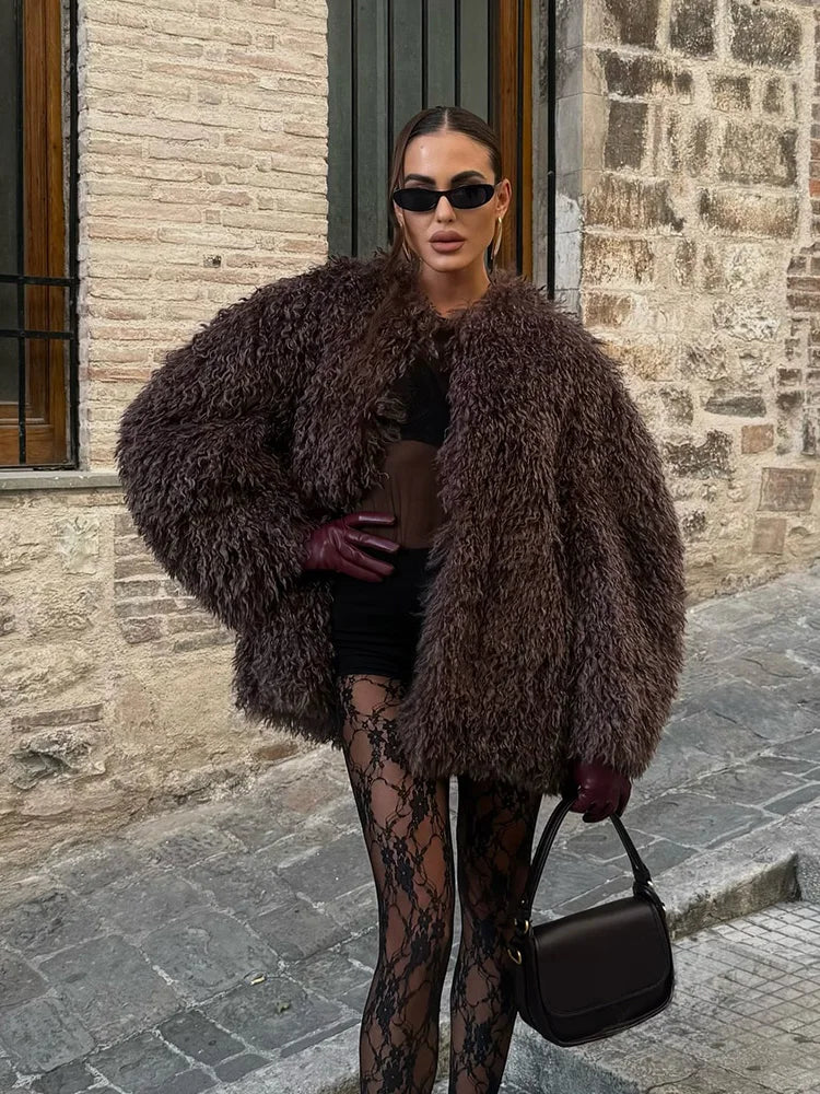 HH Women Fashion Long Sleeve Warm Jacket Faux Fur Effect Short Jacket Female Solid O-Neck Hidden Buckle Casual Chic Outwear