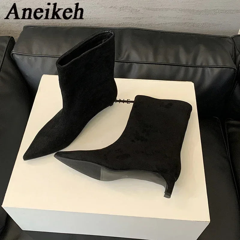 Aneikeh Large Size 41 42 Fashion Winter Faux Suede Pointed Short Boots Low Heel Boots Slip on Party Shoes Botas Zapatos De Mujer