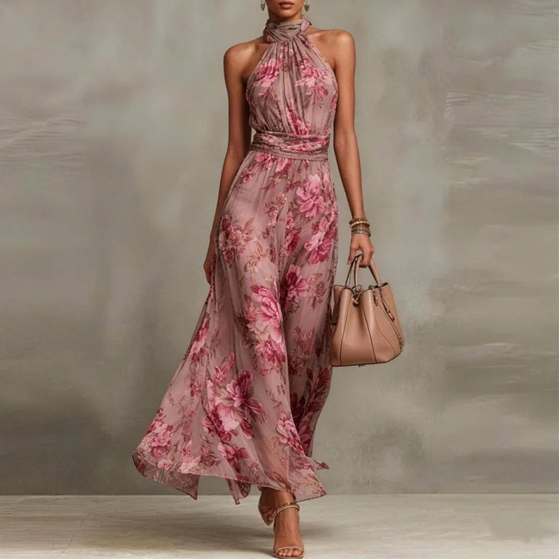 Retro Floral Print Chiffon Long Dress Women's Sexy Halter Sleeveless Hollow Party Dress Spring Summer High Waist Boho Maxi Dress