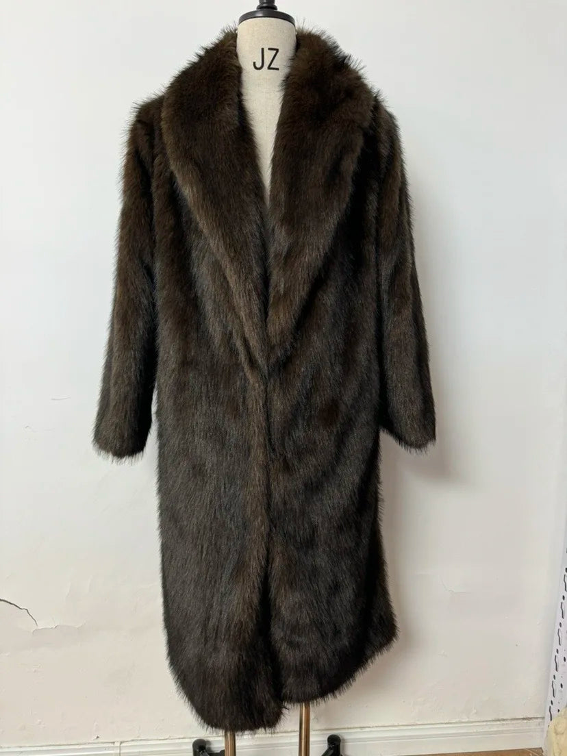 Long Coats Women Faux Fur Streetwear Thick Warm Coat Turn Down Collar Y2k Outerwear Jackets Open Stitch Autumn Winter Spring