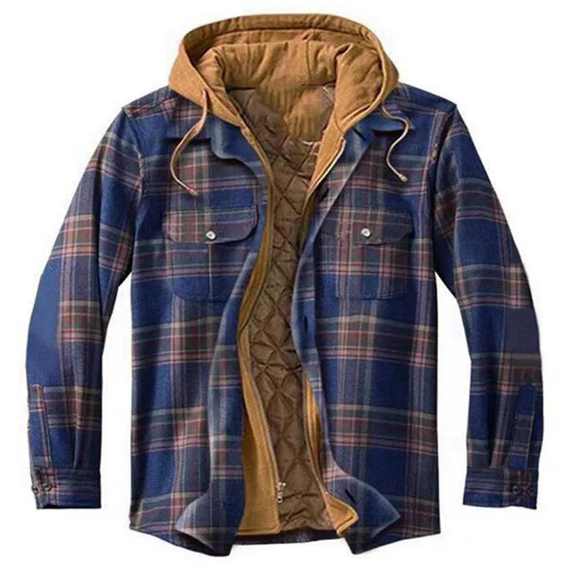 2026 Men's Winter Printed Cotton Jackets Harajuku Plaid Shirts Coats Hooded Zipper Long Sleeve Basic Casual Shirts Jackets Male