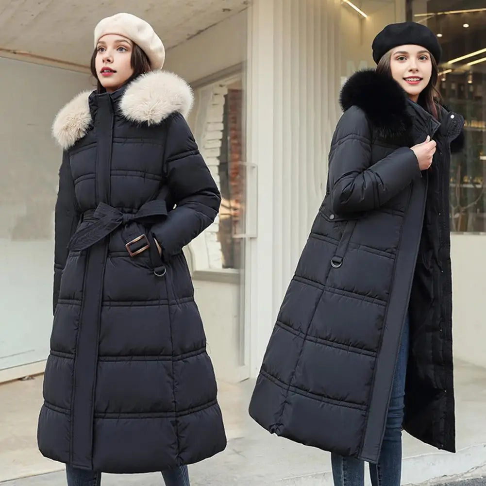 Winter Women Long Parkas Solid Colo Neck Hooded Cotton Jacket Pockets Windproof Zipper Closure Padded Outwear
