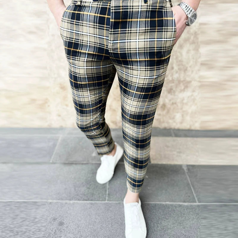 12 Colors Plaid Printed Men's Pencil Pants Business Casual Ankle Length Slim Men Suit Pants Fashion Handsome Pantalones Hombre