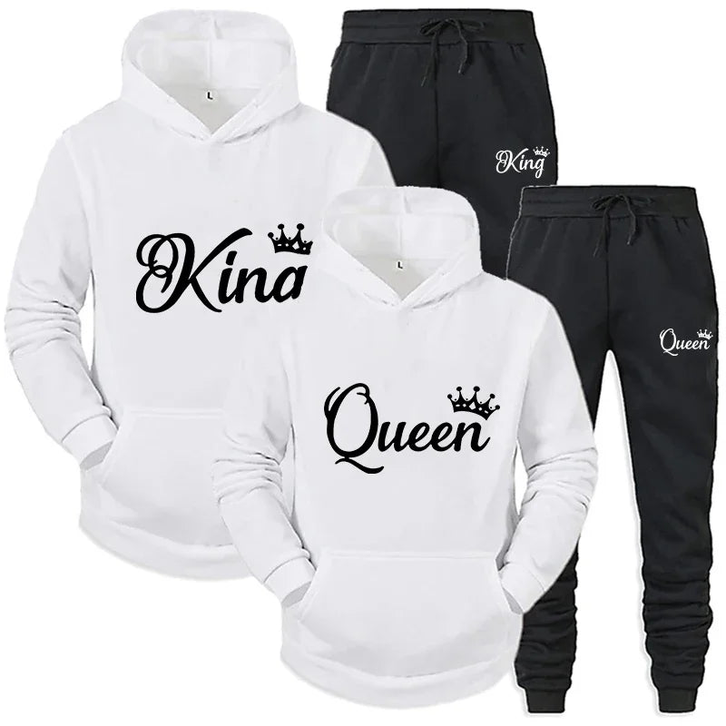 Fashion KING and QUEEN Printed Hooded Suits Autumn Winter Couple Hoodie + Pants 2-piece Suit