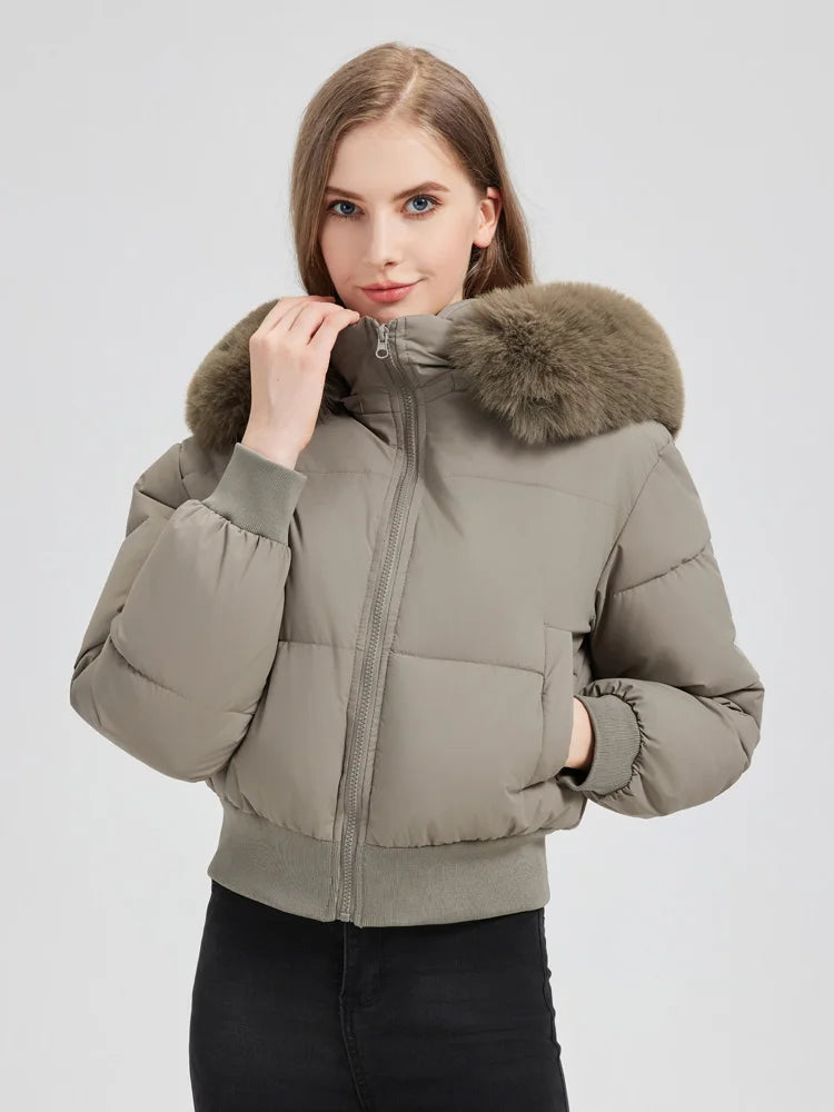 Korean Style Down Cotton Coat 2026 Thicken Short Women's Winter Jacket Casual Warm Fur Hooded Cropped Parkas Chic Streetwear