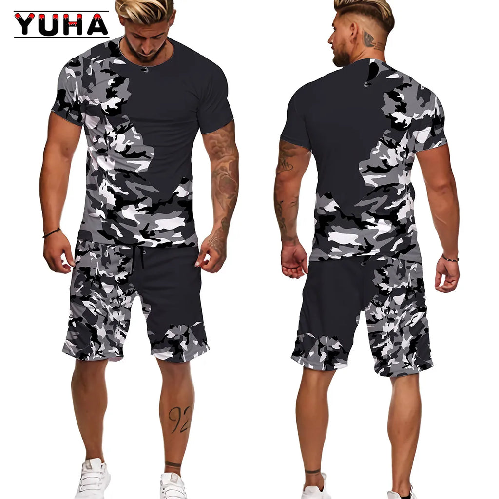 YUHA Summer Camouflage Tees/Shorts/Suits Men's T Shirt Shorts Tracksuit Sport Style Outdoor Camping Hunting Casual Mens Clo