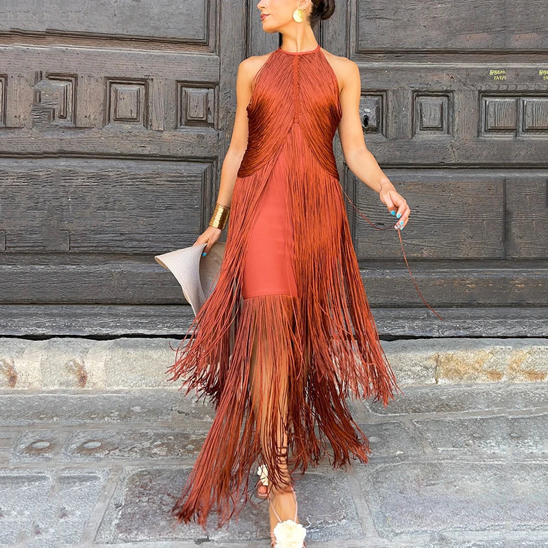 Elegant Halter Tassel Long Dress Women Fashion Hight Waist Slim Neck Hollow Solid Dress Cocktail Robe Sexy Fashion Evening Gown