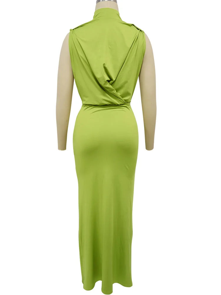Beyprern Beautiful Green Sleeveless Hollow Out Pleated Prom Dress Women's Cut Out Metal Long Straps Party Club Dress Vestidos