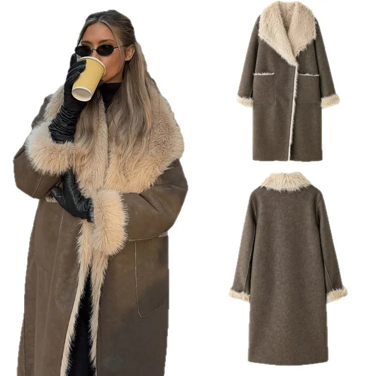 Women Faux Fur Long Coats Jackets Turn Down Collar Coat Thick Warm Y2k Streetwear Jacket Work Outerwear Autumn Winter 2025