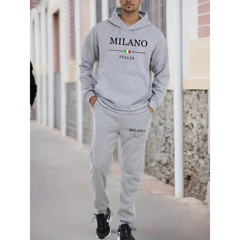 Men's autumn and winter casual fashion warm MILANO ITALIA pattern printed loose plush thick hooded sweatshirt+sweatpants set