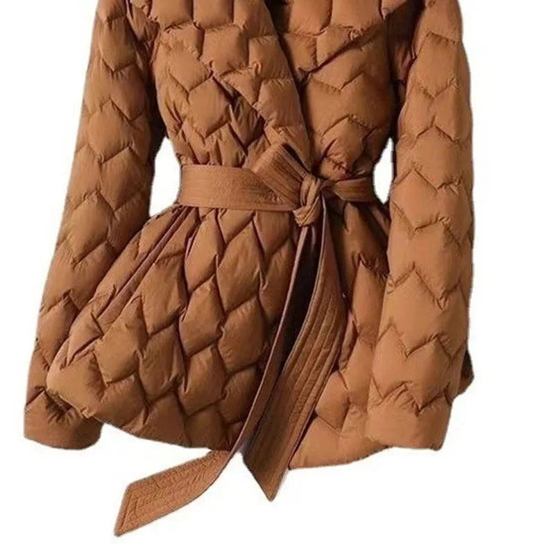 Winter Temperament Water Ripple Quilted Lightweight Down Cotton Jacket Lapel Waist Cinched Mid Length Elegant Cotton Coat