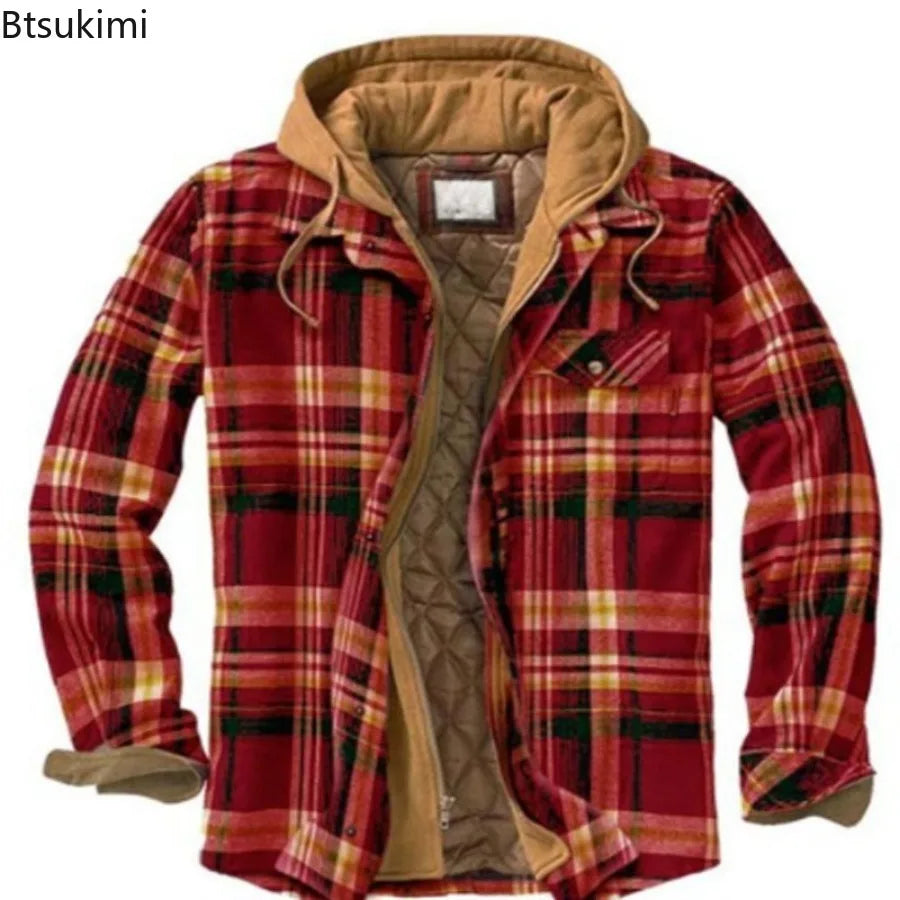 2026 Men's Winter Printed Cotton Jackets Harajuku Plaid Shirts Coats Hooded Zipper Long Sleeve Basic Casual Shirts Jackets Male