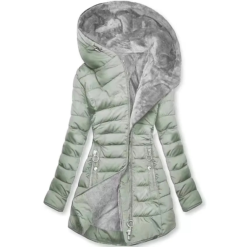 Women Parkas Hooded Solid Zipper Splice Midi Coats Long Sleeve Pockets Slim Fit Thick Coat Casual Parka Warm Winter 2024