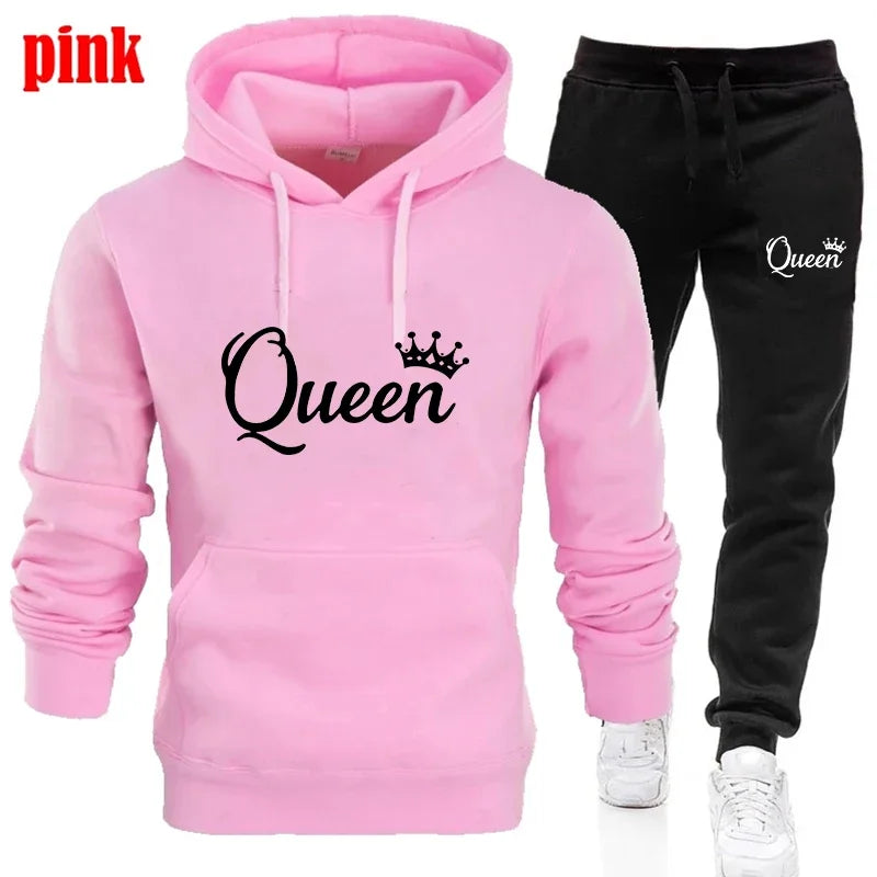 Fashion KING and QUEEN Printed Hooded Suits Autumn Winter Couple Hoodie + Pants 2-piece Suit